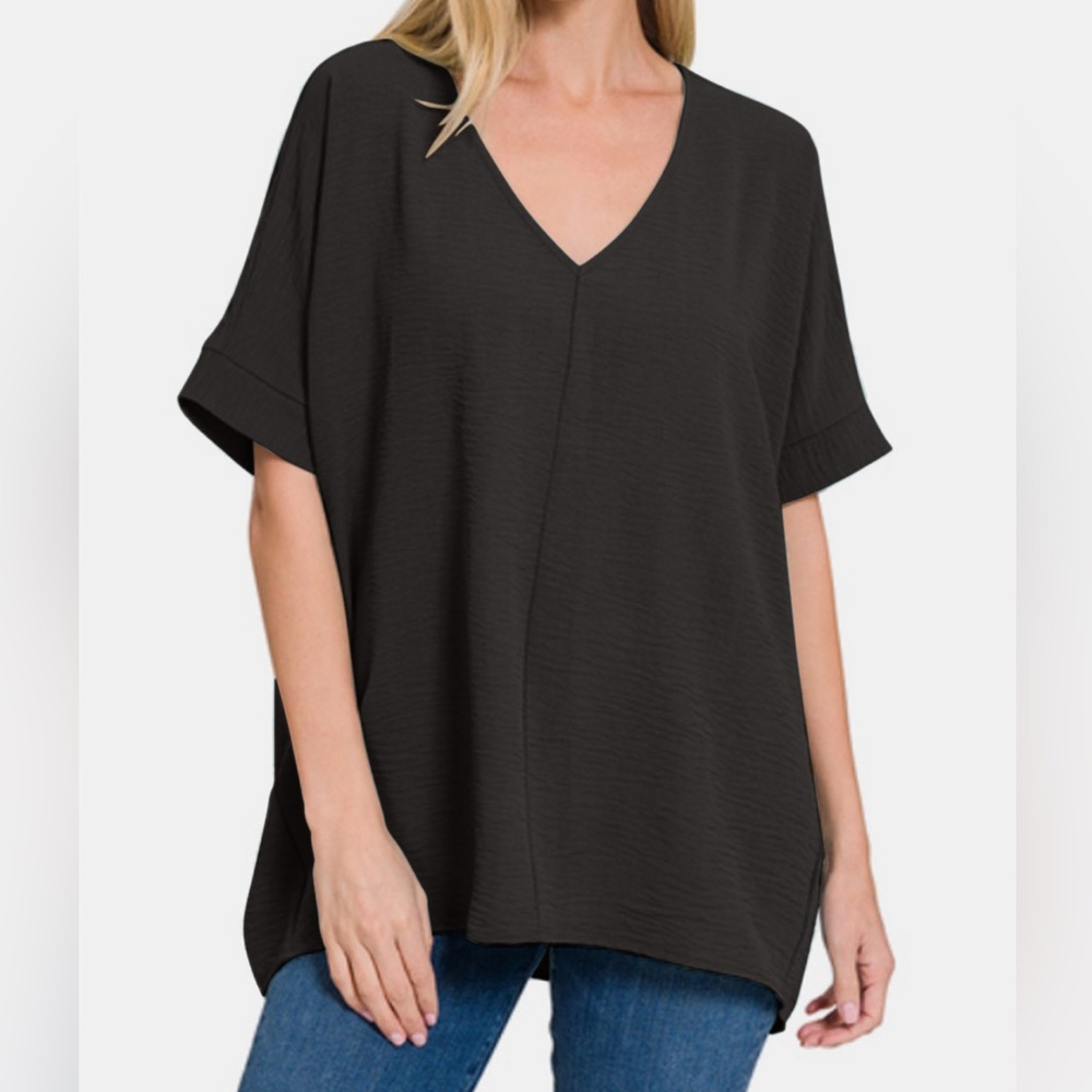 NEW Zenana PLUS + REG Size Simply Classic Black Oversize V-Neck Short Sleeve Top